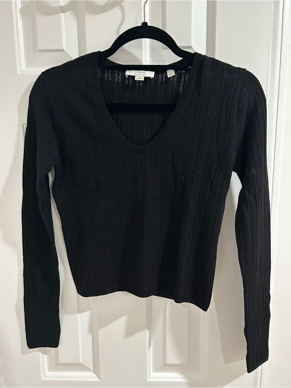 Vince Black Open Knit Wool V-Neck Sweater XS